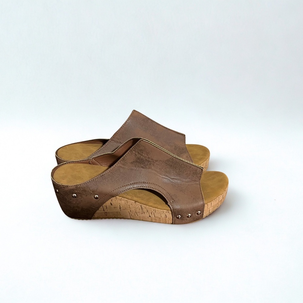 Brown Cork Wedge Open‑Toe Sandals